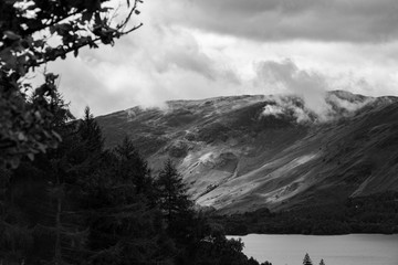 Forest and Derwent Water, Keswick, Lake District, UK- telephoto monochrome