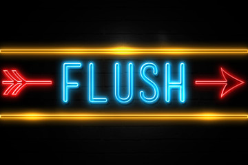 Flush  - fluorescent Neon Sign on brickwall Front view