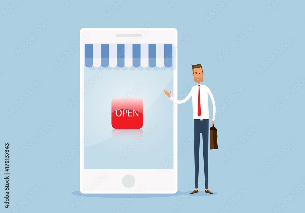 Poster flat vector open online store shopping and business mobile commerce concept