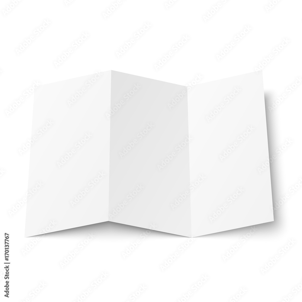 Aufkleber Blank trifold leaflet on white background top view. Zigzag folded paper sheet in A4. Mock up of empty cover or flyer isolated. 3D illustration