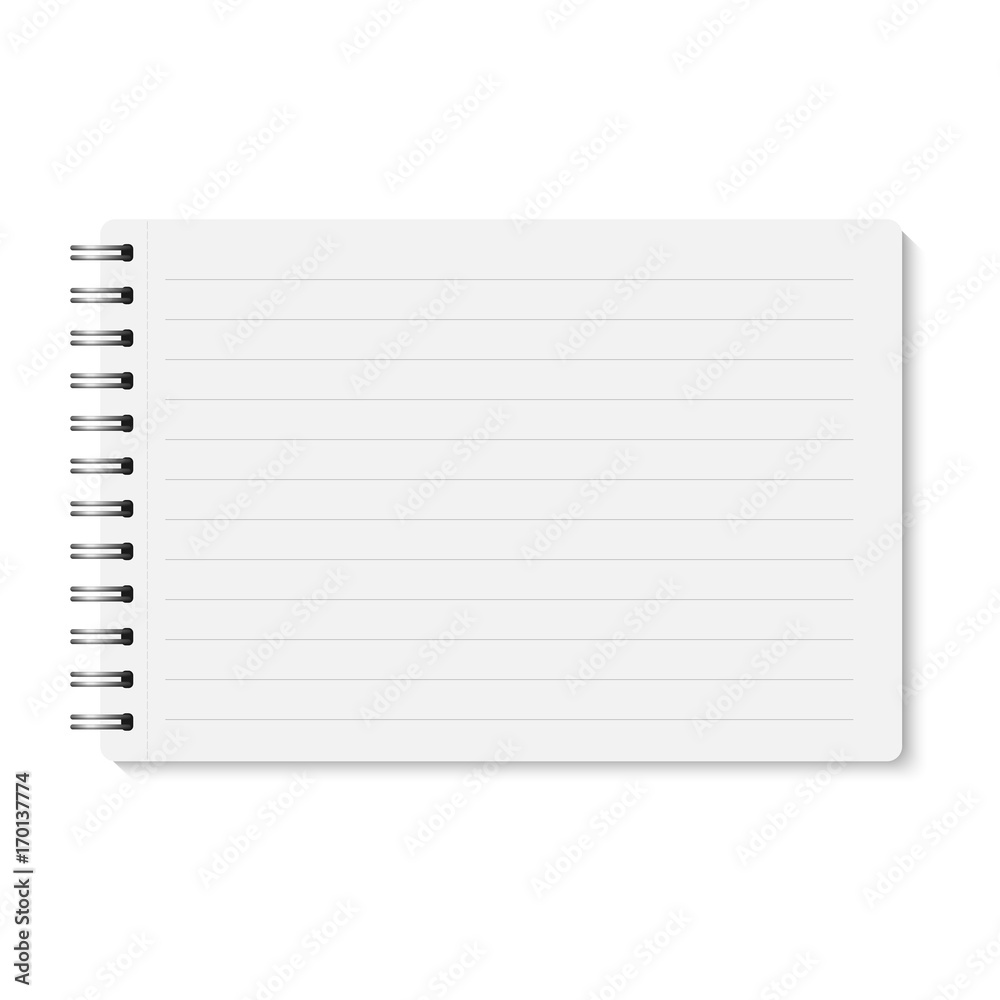 Aufkleber Vector realistic closed spiral bound notebook. Horizontal blank copybook with metallic silver spiral. Template (mock up) of organizer or diary isolated. Horizontal lined notepad. A5