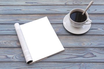 Obraz na płótnie Canvas Mock-up magazine or a blue wooden table. A cup of coffee. On wood background. Blank page or notepad for mockups or simulations.