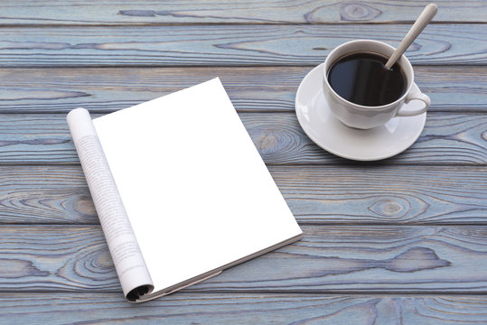 Mock-up magazine or a blue wooden table. A cup of coffee. On wood background. Blank page or notepad for mockups or simulations.