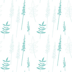 Floral vector seamless pattern with hand drawn wild meadow flowers and leaves.