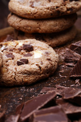 Chocolate chip cookies on table freshly baked