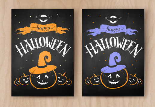 Happy Halloween postcards color chalked designs