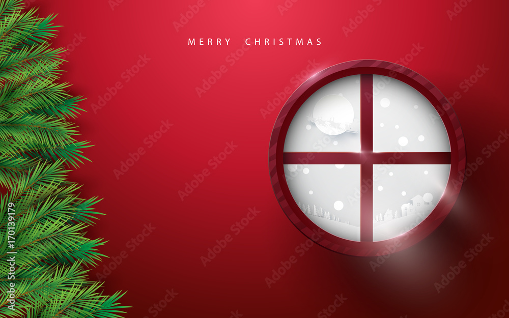 Poster merry christmas and happy new year. fir branches tree and winter landscape in circle window on red b