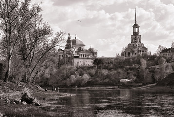 View of the river and monastery. Torzhok. Russia.