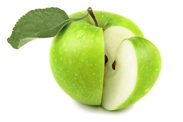 Green apple fruits and half of apple and green leaves isolated on white background