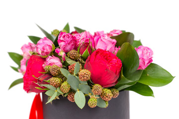 Close up of beautiful bouquet of pink and red roses isolated on white background
