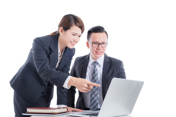 Young asian businessman and businesswoman discussing about work over white background