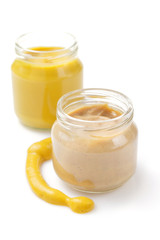 mustard sauce in jar on white