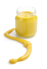 mustard sauce in jar on white