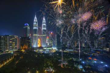 Fireworks display show over Kuala Lumpur city skyline