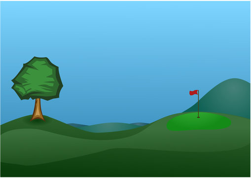 Golf course with a tree, Vector Illustration