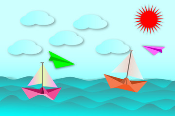 Fototapeta na wymiar Sailboat and colorful plane gliders, and the sea with beautiful sky - vector paper concept 