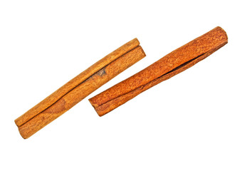 Two cinnamon sticks isolated on a white background, Top view