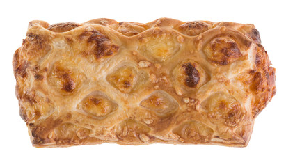 Delicious fragrant snack of golden color. Crispy salty pie stuffed with ham and cheese. Isolated on white background.