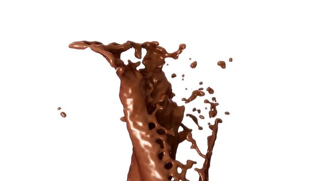 Hot chocolate or cocoa splashes with slow motion, alpha. 3d render. 3d animation