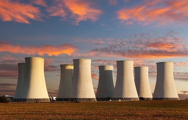 Evening colored sunset view of Nuclear power plant