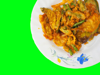 Top view string bean, eggplant deep fried tempura on white ceramic plate, green screen dicut background isolated