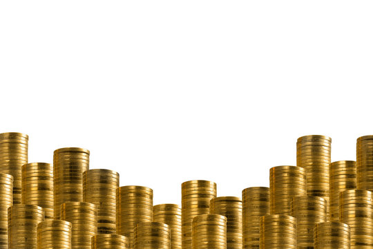 Rows of golden coins isolated on white. lower decoration with money.