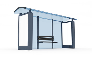 3D rendering of bus stop with blank vertical billboard (light box) isolated on white background