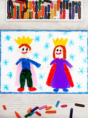 Obraz na płótnie Canvas Photo of colorful drawing: smiling king and queen with their crowns