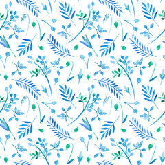 Floral seamless pattern of a wild flowers and herbs on a white background.Bluebell,berry,grass,snowdrop flowers. Watercolor hand drawn illustration.