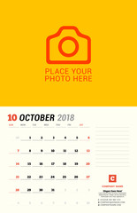 October 2018. Wall calendar planner template. Vector design print template with place for photo. Week starts on Sunday. 3 Months on page