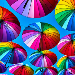 Multi-colored umbrellas background. Street decoration in Sochi, Adler, Russia