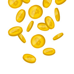 falling golden bitcoins cryptocurrency on white background
