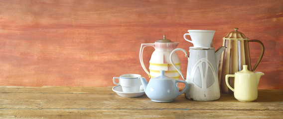vintage coffee pots, panorama format, good copy space