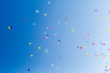 Multicolored balloons in the blue sky on a Sunny day.
