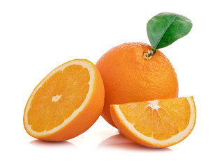 Isolated oranges. Group of fresh orange fruits with leaves