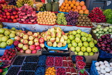 Fruit market with various colorful fresh fruits. Fresh fruits.  Fruits  at a farmers market