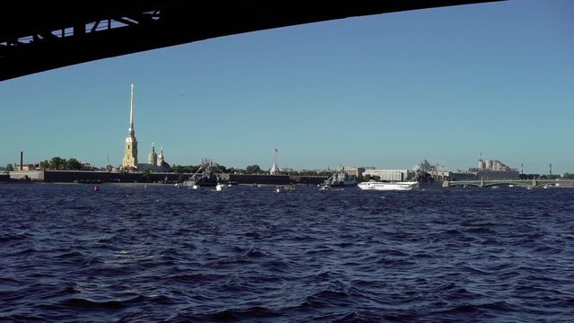 City river with russian war ships