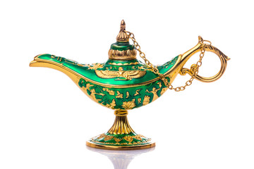 Vintage lamp of Aladdin. Old style oil lamp. Ancient lamp. Genie lamp also called Aladdin lamp with pharaonic symbols