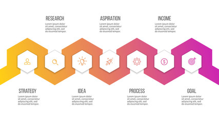 Business infographics. Presentation with 7 steps, hexagons. Vector template.