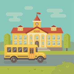 School building and yellow school bus flat illustration