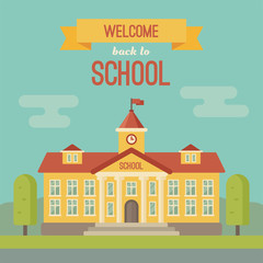 Fototapeta premium School building banner with text Welcome back to school