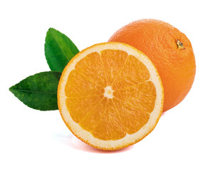 Isolated oranges. Group of fresh orange fruits with leaves