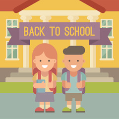 Children going to school. A boy and a girl with backpacks standing in front of school building. Flat illustration. Back to school
