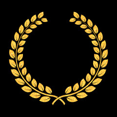 Vector golden glitter Laurel Wreath. Award for winners. Honoring champions illustration. Sign for 1st place. Trophy for challenge. Symbol of victory and achievements. Design element for decoration.