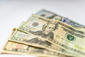 Close up heap of dollars, selective focus. Dollars, the us money background.