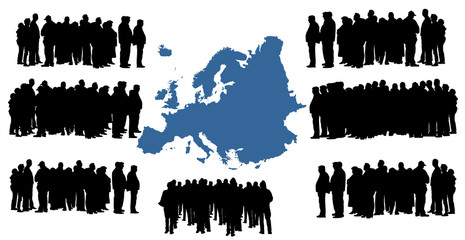 Vector silhouette of a group of refugees, migration crisis in Europe. War migration waves going through Schengen Area. European, Europe union vector map background.