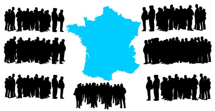 Vector silhouette of a group of refugees, migration crisis in Europe. War migration waves going through Schengen Area. France country vector map background.
