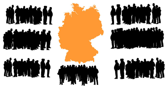 Vector silhouette of a group of refugees, migration crisis in Europe. War migration waves going through Schengen Area. Germany country vector map background.