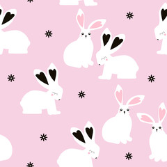 Cute white bunny seamless pattern. Vector hand drawn illustration.