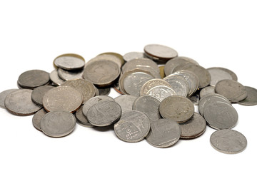 Money Thai baht stack of coins isolated on white background, Concept of financial, Saving concept